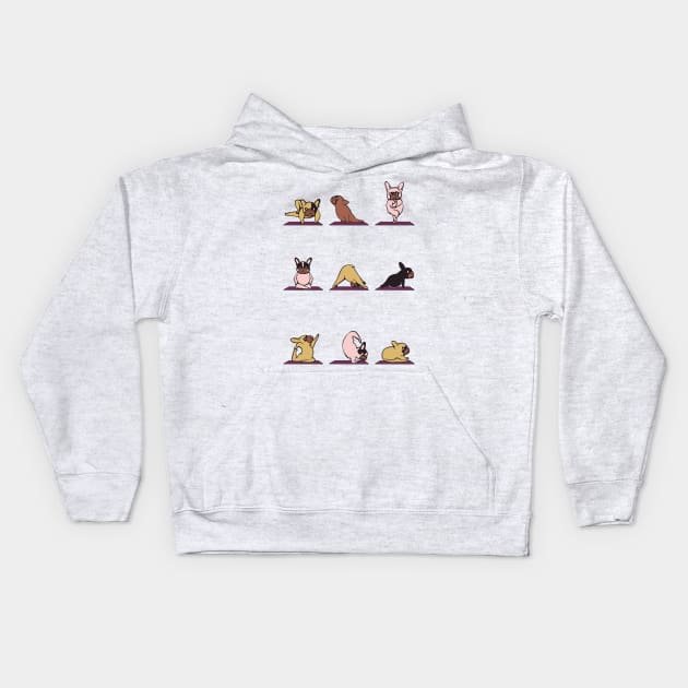 frenchie yoga Kids Hoodie by huebucket